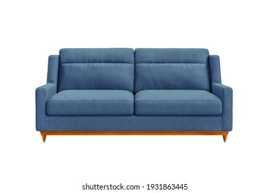 Blue fabric sofa on wooden legs isolated on white background. Series of furniture