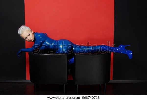 Blue Fashion Latex Costume Style Sexy Stock Photo Edit Now 568740718