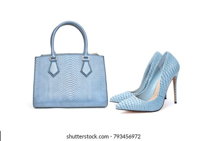 Blue Fashion Purse Handbag And High Heel Shoes On White Background Isolated