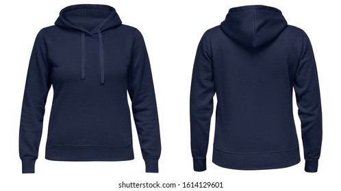 Blue female hoodie sweatshirt with long sleeve, women hoody with hood for your design mockup for print, isolated on white background. Template sport pullover front and back view