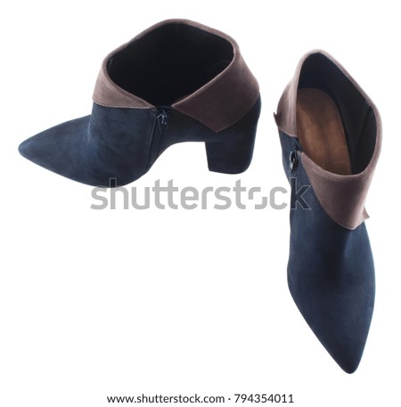 Blue female suede autumn low boots isolated on white background