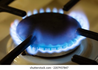 Blue Fire Kitchen Stove, Gas Cooker Burning Flames Of Propane Gas. Close Up, Shallow Depth Of Field