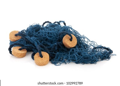 Blue fishing net with corks isolated over white background