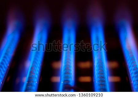 Blue flames of natural gas burnning inside of a boiler furnace - fossil fuel use concept