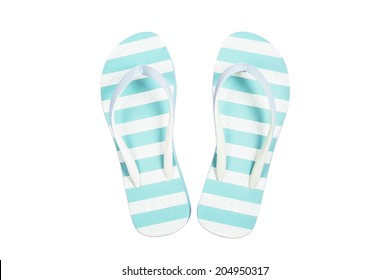 Blue Flip Flop Sandals Beach Shoes Isolated On White Background.