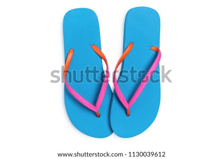 Blue flip flops isolated on white background. Top view