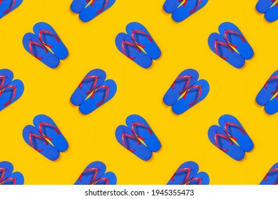 Blue flip flops on yellow background seamless pattern. Travel, summer vacation minimalistic concept