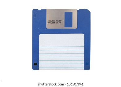 Blue floppy disk with blank label on white background