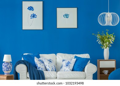 Blue, Floral Pillows On White Couch Against A Wall With Posters In Living Room Interior With Flowers And Lamp