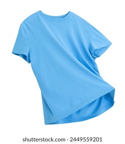 Blue flying t-shirt isolated on white. Single object. Clothing,casual clothes.