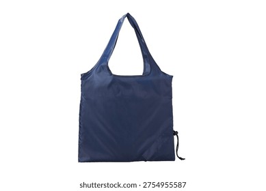 A blue foldable tote bag with a drawstring closure is displayed against a white background. The bag two large handles and a compact, folded making it portable and easy to store. The fabric...
