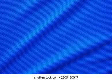 Blue football jersey clothing fabric texture sports wear background, close up top view - Shutterstock ID 2205430047