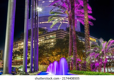 Blue Fountain Night High Rise Purple Office Buildings, Downtown Miami Florida