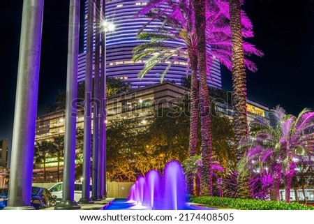 Blue Fountain Night High Rise Purple Office Buildings, Downtown Miami Florida