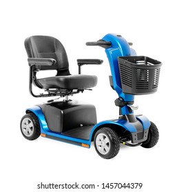 Blue Four Wheel Mobility Scooter with Front Basket Isolated on White Background. Modern Mobility Aid Vehicle. Personal Transport Side View. Electric Wheelchair with Step Through Frame