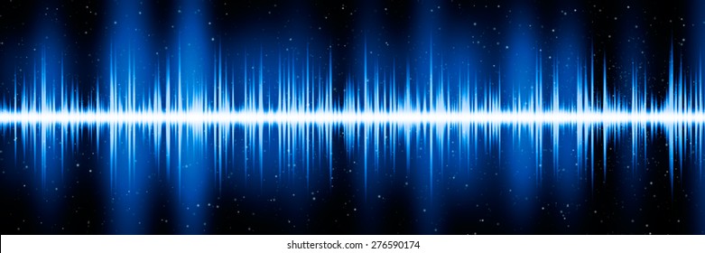 Blue Frequency Diagram Of Graphic Audio Equalizer For Digital Player. Abstract Form Of Oscillating Wave. Waveform Chart On Black Background In Letterbox View