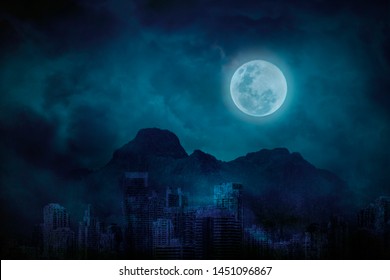 Blue Full Moon In City Abandonment With The Mountains And Clouds, Bright And Dark At Midnight, Cityscapes Scary Blue Background