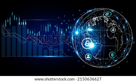 Blue futuristic background and financial business graph chart. Electronic cryptocurrency and modern technology. Online banking, and financial communications. World wide web. Hologram. Analyzing data