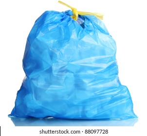 Blue Garbage Bag With Trash Isolated On White