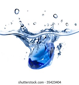 blue gem falling into water with splash isolated on white