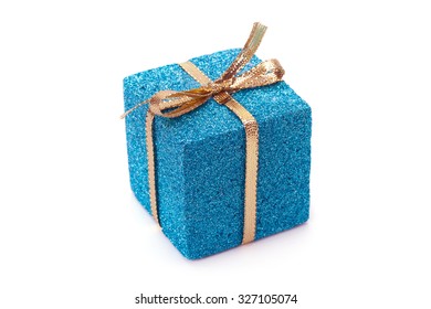 Blue gift box with gold ribbon and bow