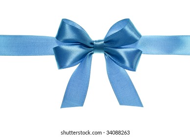 Blue Gift Satin Ribbon Bow On White Background