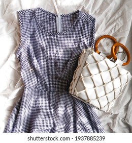 Blue Gingham Sleeveless Dress With Woven Purse