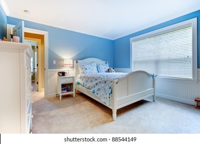 Blue Girls Kids Bedroom Interior.