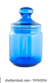 Blue Glass Jar, Front View Isolated On White Background