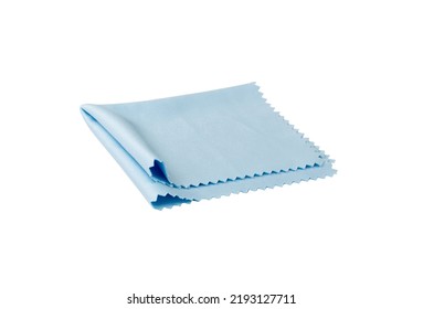 Blue glasses cloth isolated. Lens rag, eyeglasses cleaning microfiber clothes, display cleaning cloth, microfibre fabric for eyewear cleanliness on white background with clipping path