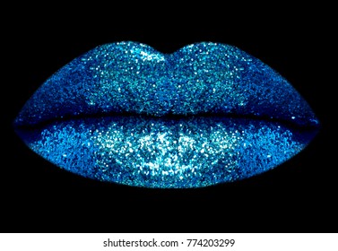 blue glitter lips close-up