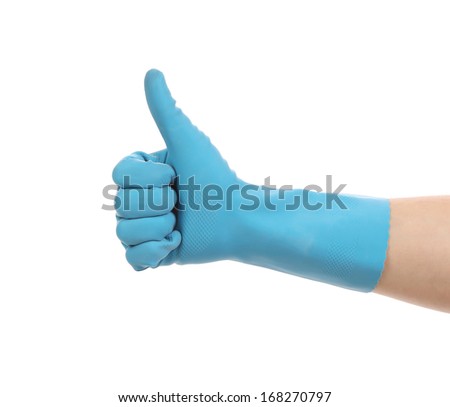 Blue glove for cleaning show thumbs up. Isolated on a white background.