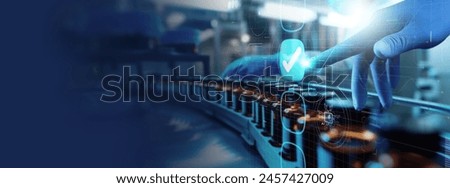 Blue glove hand Concept of FDA approved. Food and drugs administration. AI helping software Quality medcine, assurance, organization. Lab factory background.