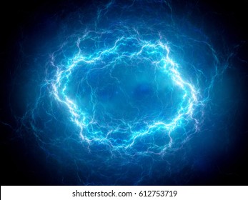 Blue Glowing Spherical High Energy Plasma Lightning In Space, Computer Generated Abstract Background, 3D Rendering