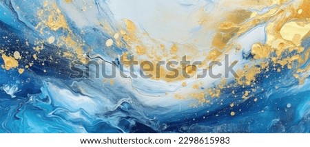 Blue gold abstract background of marble liquid ink art painting on paper. Image of original artwork watercolor alcohol ink paint on high quality paper texture
Photo Formats