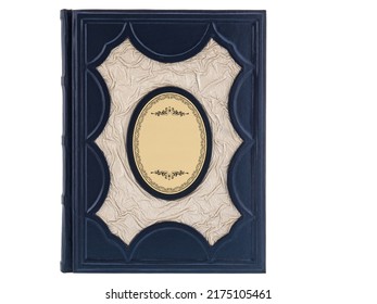 Blue Gold Leather Mockup Book With Cover Color Isolated On White Background, Front View. With Empty Lable And Metal Fittings.