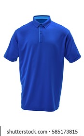 Blue Golf Tee Shirt With Light Blue  Collar For Man On White Background