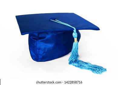 Blue Graduation Cap Or Mortarboard With Blue Tassel Isolated On White Background.