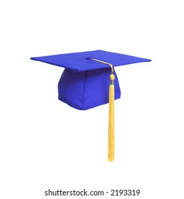 A blue graduation cap with yellow tassel