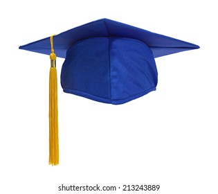 Blue Graduation Hat with Gold Tassel Isolated on White Background.