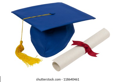 Blue Graduation Hat With Yellow Tassel And  Diploma Isolated On White 