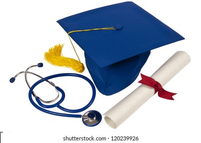 Blue Graduation Hat With Yellow Tassel, Diploma With Red Ribbon And A Blue Stethoscope Showing Someone Who Just Graduated From Medical School.  Isolated On White.