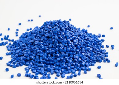 Blue Granules Of Polypropylene, Polyamide. White Background. Plastic And Polymer Industry. Microplastic Products.	