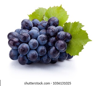 Blue Grapes Wet With Leaves Isolated On White Background