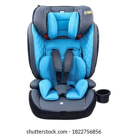 Blue & Gray Child Safety Seat Isolated On White Background. Side View Of Baby Carrier. Modern Restraining Car Seat With Side Impact Protection. Infant Restraint System. Travel Gear