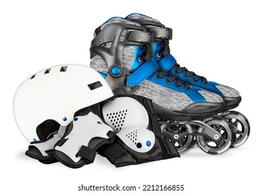 Blue Gray Inline Skates And White Black Skating Saftey Equipment Like Skate Helmet Wrist Knee And Elbow Protector Pads On Isolated Background