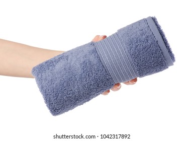 The Blue Gray Towel Roll In Hand On White Background Isolation