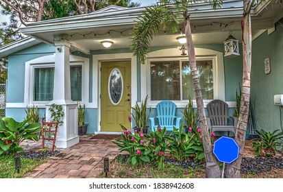 Blue And Green Beach Bungalow Porch In Tropical Naples, Florida