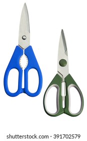 Blue And Green Cooking Shears On White Background