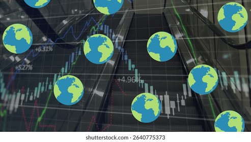 Blue and green globe icons floating in modern building lobby, with escalators and stock charts. Futuristic, technology, corporate, worldwide, abstract, digital, investment